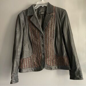 Black & Brown Soft Leather Blazer With Woven Detailing